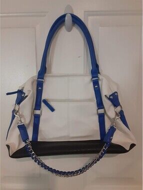 APT 9 Handbag Purse Blue White Black Double Handle 14x11” with Chain Accessory